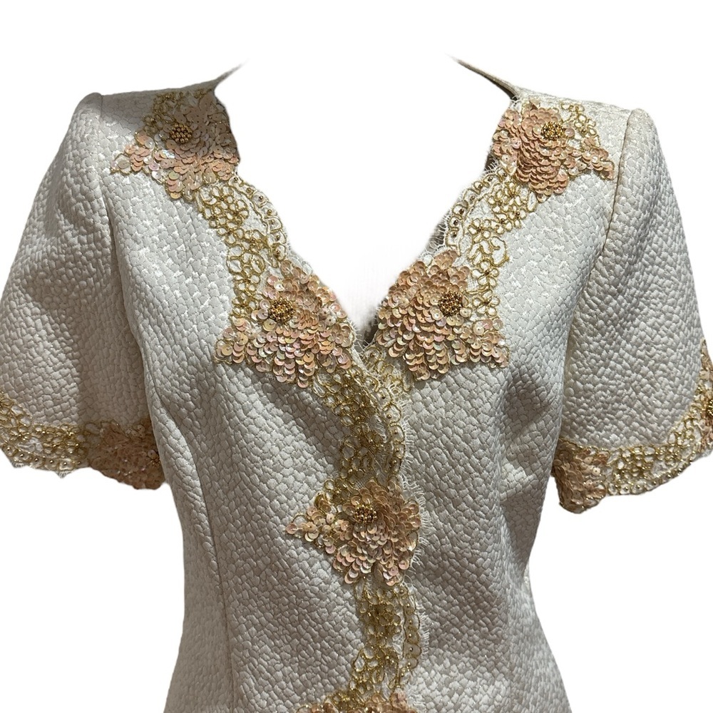 2PC RICKI FREEMAN TJ EVENING CREAM & GOLD & SEQUIN SHORT SLEEVE JACKET & SKIRT 8 - Picture 4 of 8